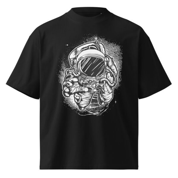unisex-organic-oversized-high-neck-t-shirt-black-front-68441826b0d51.jpg Cosmic Explorer Astronaut Tee – Oversized Unisex Space Adventure Shirt