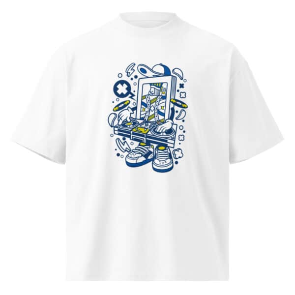 Energetic DJ Robot Graphic Tee in white - Oversized unisex music streetwear shirt
