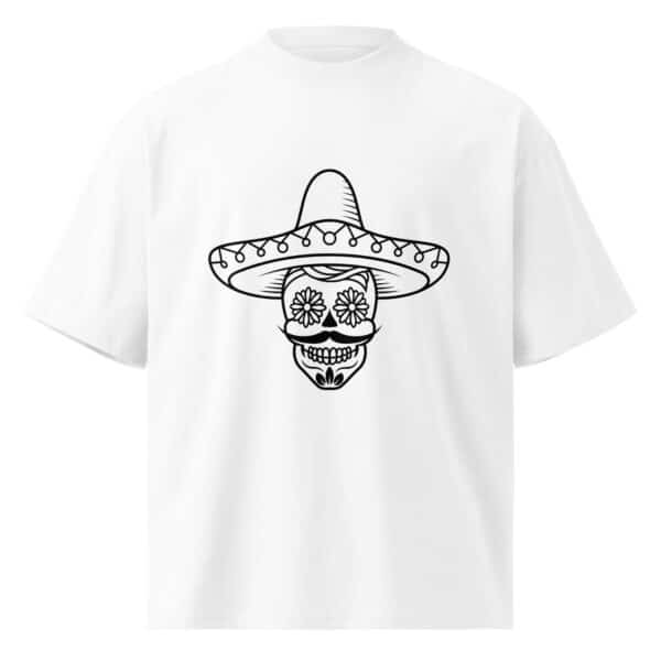 unisex-organic-oversized-high-neck-t-shirt-white-front-68456a1b5e2f6.jpg Sombrero Sugar Skull Tee in White - Oversized Unisex Streetwear Shirt