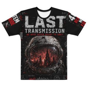 all-over-print-mens-cotton-crew-neck-t-shirt-white-front-6a36e6722846b.jpg Legendary Last Transmission Tee featuring a futuristic astronaut helmet with a glowing cyberpunk cityscape inside the visor, printed on a premium unisex streetwear T-shirt.