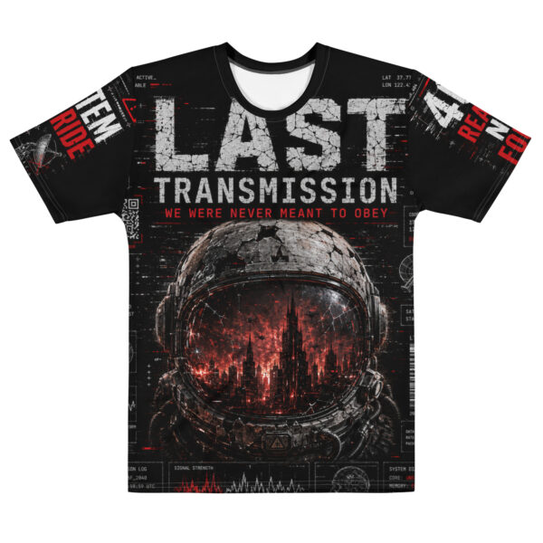 all-over-print-mens-cotton-crew-neck-t-shirt-white-front-6a36e6722846b.jpg Legendary Last Transmission Tee featuring a futuristic astronaut helmet with a glowing cyberpunk cityscape inside the visor, printed on a premium unisex streetwear T-shirt.