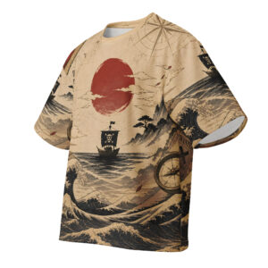 Epic Crimson Horizon Voyage Tee with sailing ship, ocean waves, compass, and red sun artwork on unisex adventure streetwear shirt