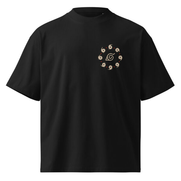 unisex-organic-oversized-high-neck-blaster-2.0-t-shirt-black-front-6a3c24b8ca0bb.jpg Premium Spiral Leaf Graphic Tee with minimalist spiral symbol design on organic oversized high-neck unisex t-shirt