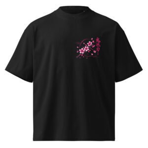 Sakura Spirit Oversized Tee with Japanese cherry blossom graphic on a black oversized unisex T-shirt