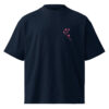 Premium Sakura Blossom Graphic Tee featuring a delicate pink sakura branch design on a navy organic oversized high-neck unisex T-shirt