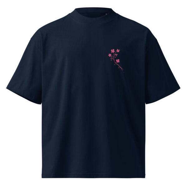 Premium Sakura Blossom Graphic Tee featuring a delicate pink sakura branch design on a navy organic oversized high-neck unisex T-shirt