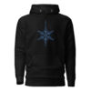 unisex-premium-pullover-hoodie-black-front-6a4bfb4084f68.jpg Modern Japanese Snowflake Hoodie featuring a blue geometric snowflake graphic on a black premium unisex pullover hoodie