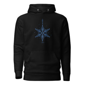 Modern Japanese Snowflake Hoodie featuring a blue geometric snowflake graphic on a black premium unisex pullover hoodie