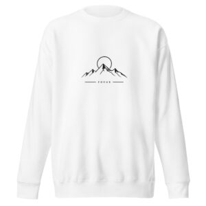 Premium Mountain Sunrise Sweatshirt featuring a minimalist mountain and rising sun graphic on a white unisex crewneck sweatshirt