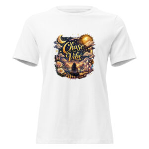Premium Chase the Vibe Graphic T-Shirt featuring colorful inspirational nature artwork on a white women's relaxed cotton tee